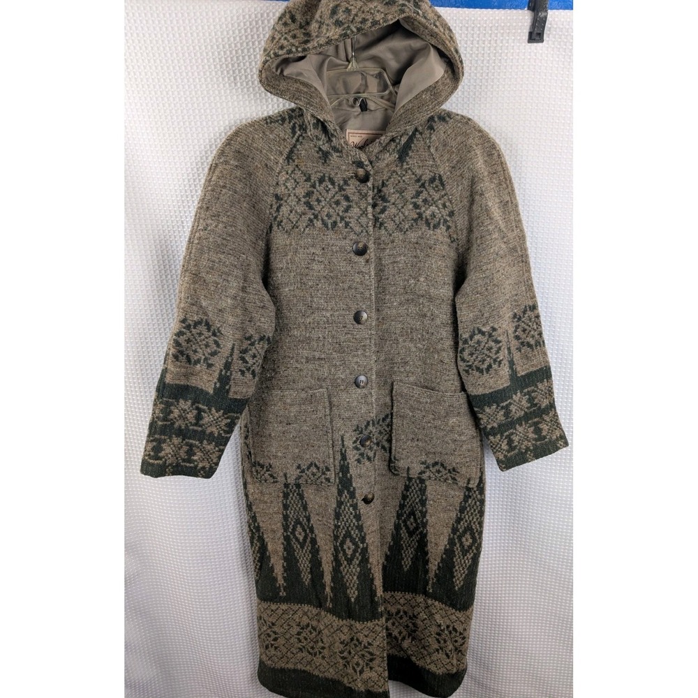 Vintage Woolrich Long Wool Hooded Coat Womens M Brown Southwestern Pattern USA